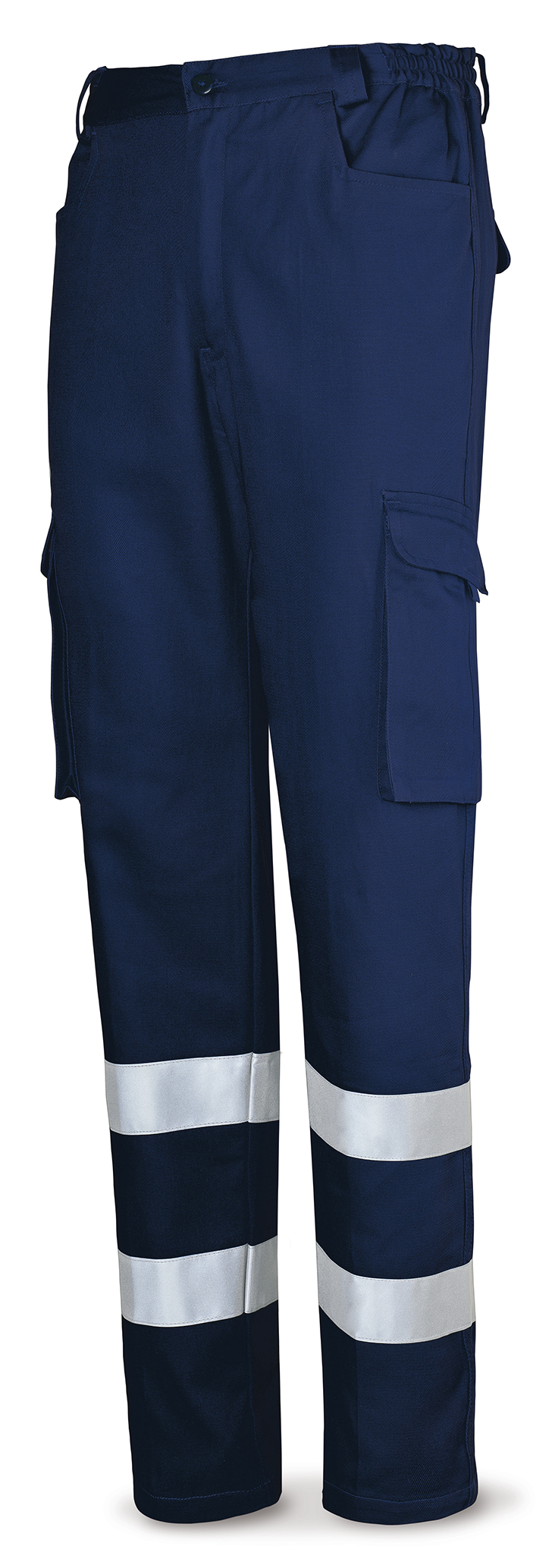 488-PACR Top Vestuario Laboral Top Series Calça de algodão azul marinho com listras refletivas 245 g.