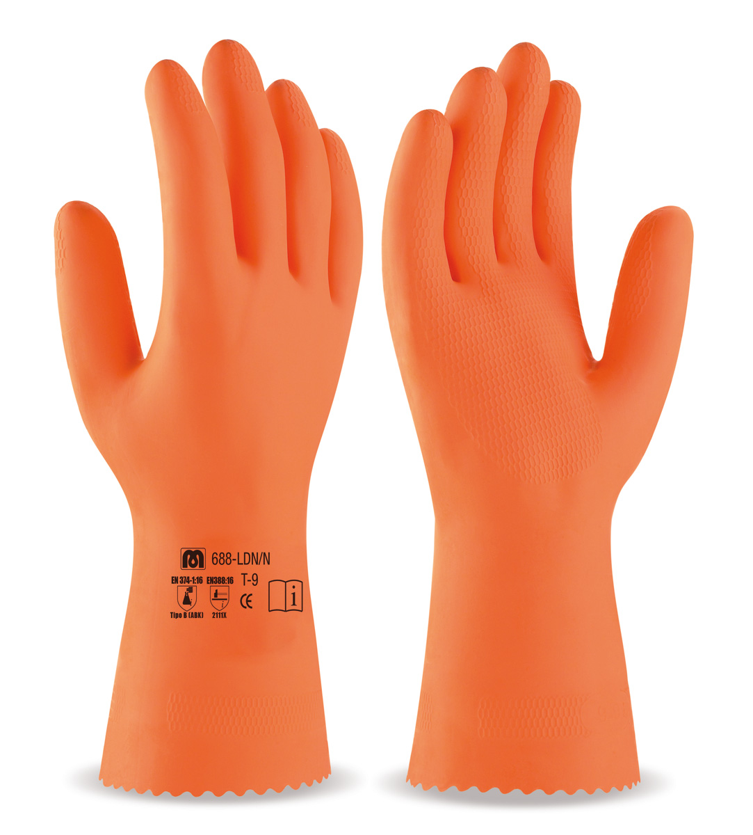 688-LDN/N Luvas de Trabalho Látex sem suporte Luva tipo industrial de látex de cor laranja para riscos mecânicos, químicos e microrganismos.