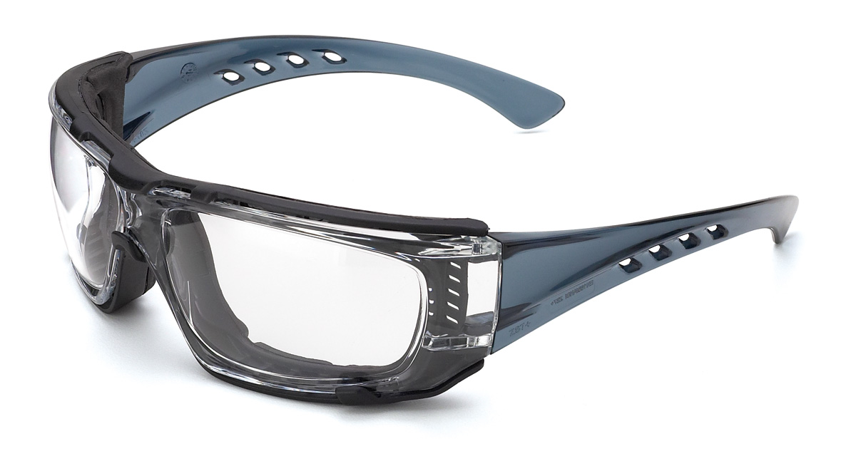 2188-GBC Eye Protection Universal mounted glasses Mod. “BARIO”. Colourless glasses with flexible transparent temples, EVA foam interior (detachable).