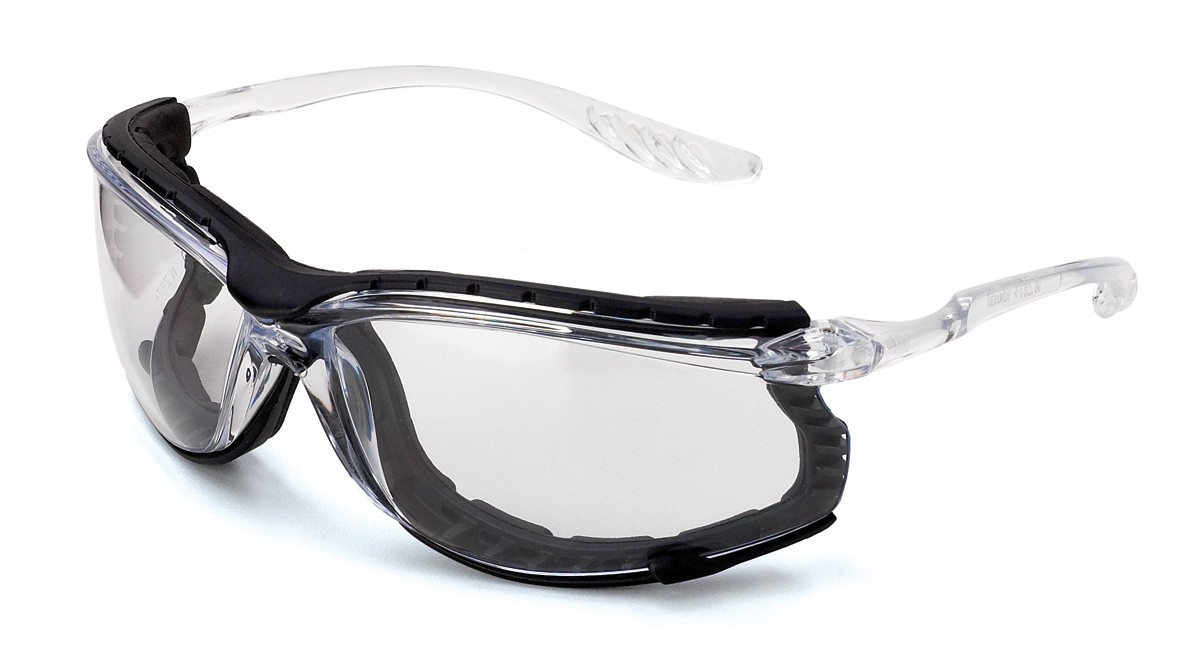 2188-GOC Eye Protection Universal mounted glasses Mod. “OSMIO”. Colourless glasses with flexible transparent temples, EVA foam interior (detachable).