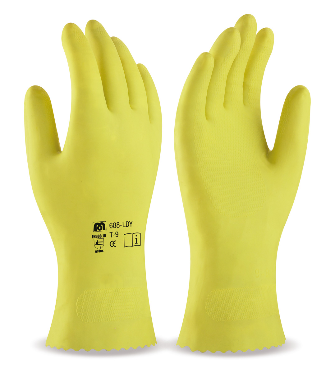 688-LDY Guantes de Trabajo Latex sin soporte Guante tipo doméstico de látex en color amarillo para riesgos mecánicos superficiales.