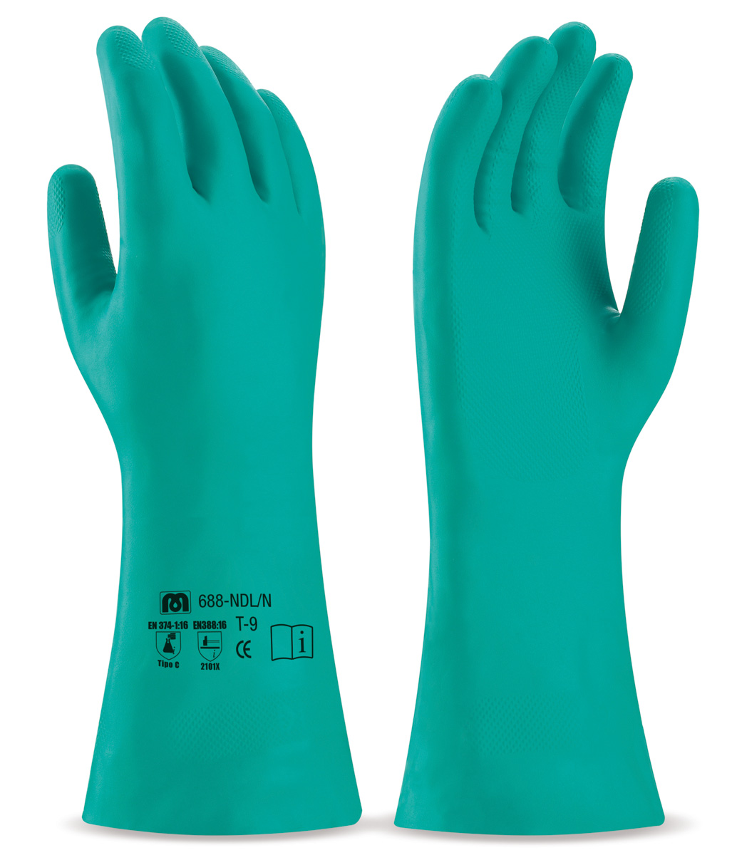 688-NDL/N Work Gloves Nitrile without support Green nitrile industrial glove for mechanical and mechanical hazards.