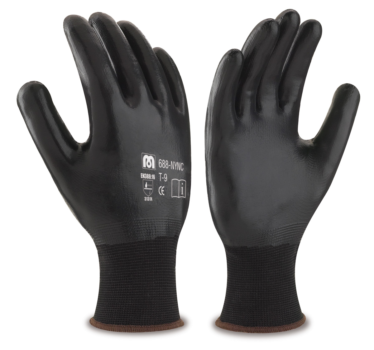 688-NYNC Work Gloves Nylon Black polyester glove with black nitrile coating on the palms, fingers and back.