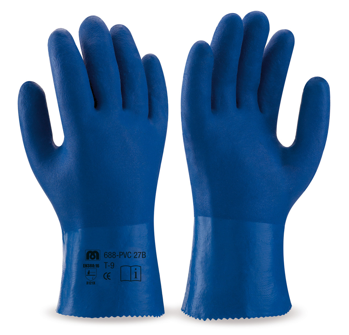 688-PVC 27B Work Gloves PVC 27cm-long watertight PVC glove; blue with a rough double layer.