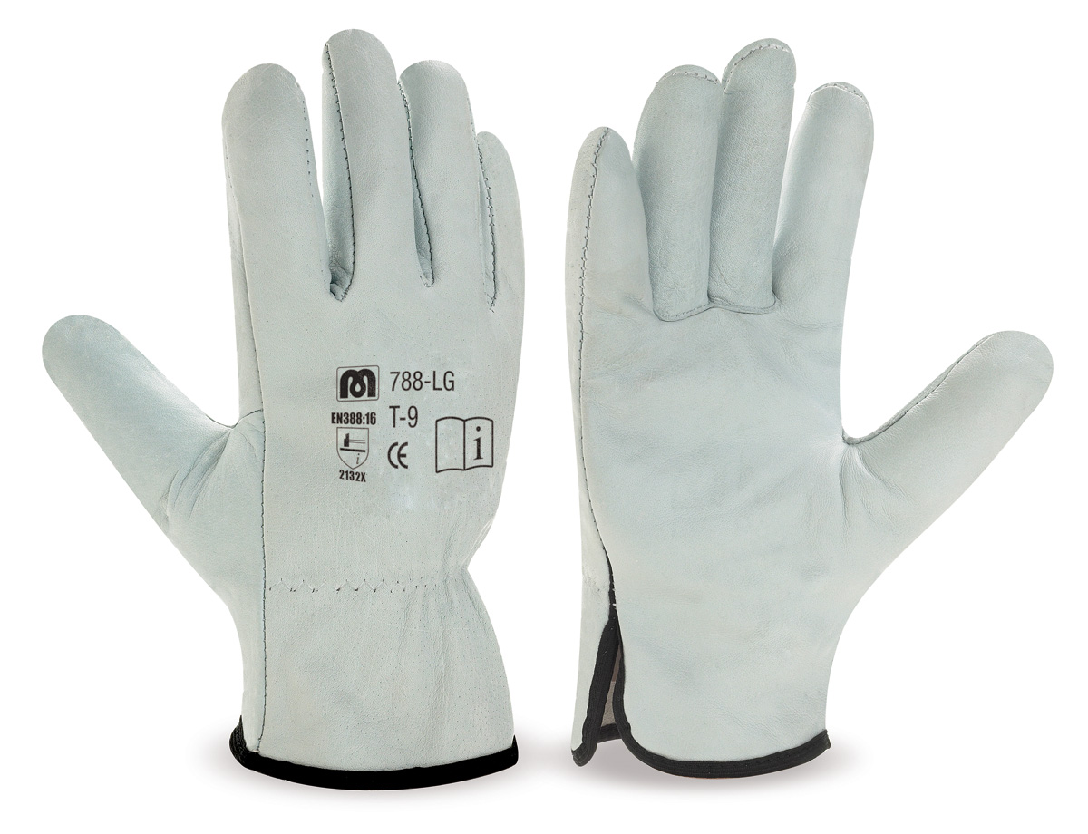 788-LG Work Gloves Driver Type Natural-coloured split leather driver type glove with edging trim. 