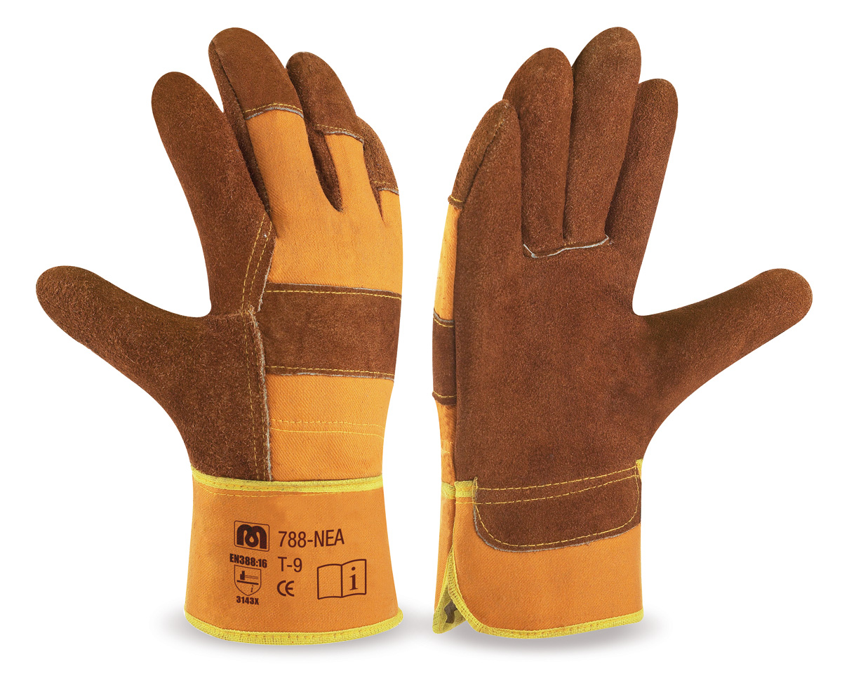 788-NEA Work Gloves American Leather and Canvas American mixed type glove with premium split leather and rigid cuff.