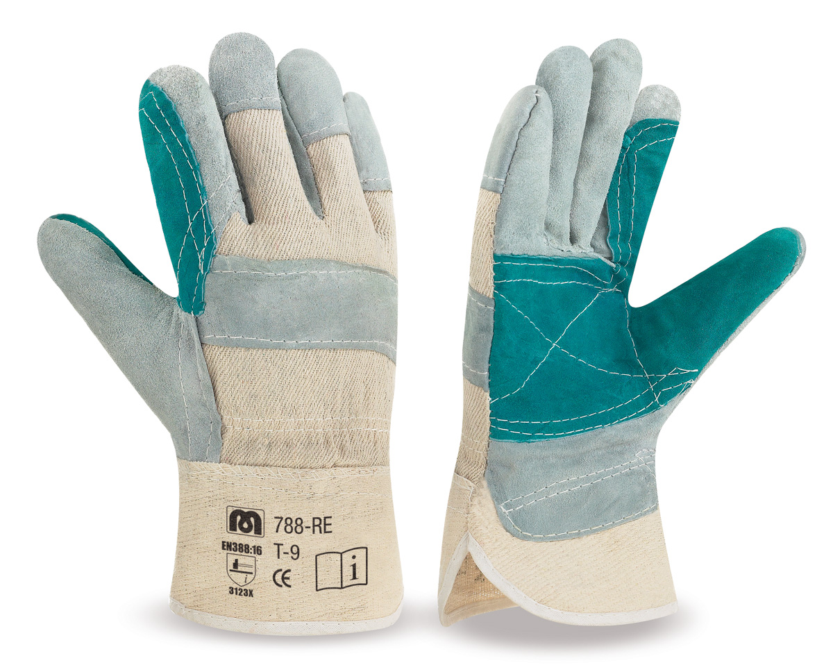 788-RE Work Gloves American Reinforced American type mixed glove with premium split leather and canvas reinforced at the palm, index, finger and thumb.