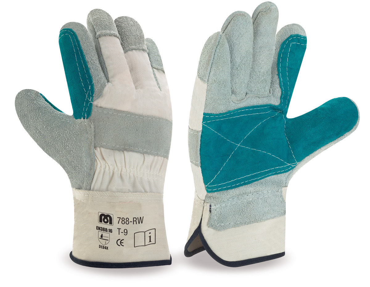 788-RW Work Gloves American Reinforced American type mixed glove with premium split leather and canvas reinforced at the palm, index, finger and thumb. Rigid sleeve and reinforced seams.